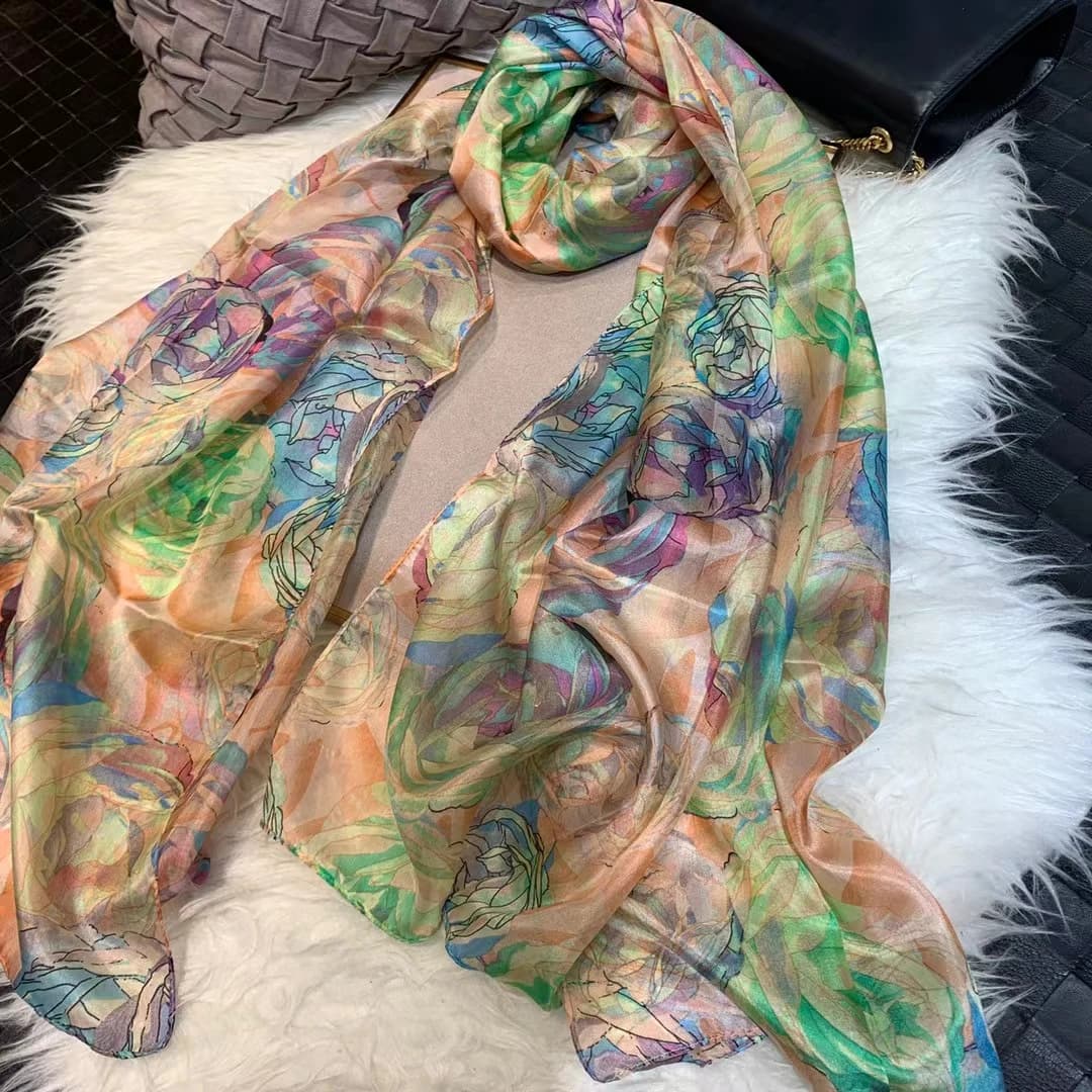 100% Women's Green Silk Scarf Winter Scarves Rose Design Women's Pure Silk Scarves Wrap Fashionable Beach Scarves Pink Scarf