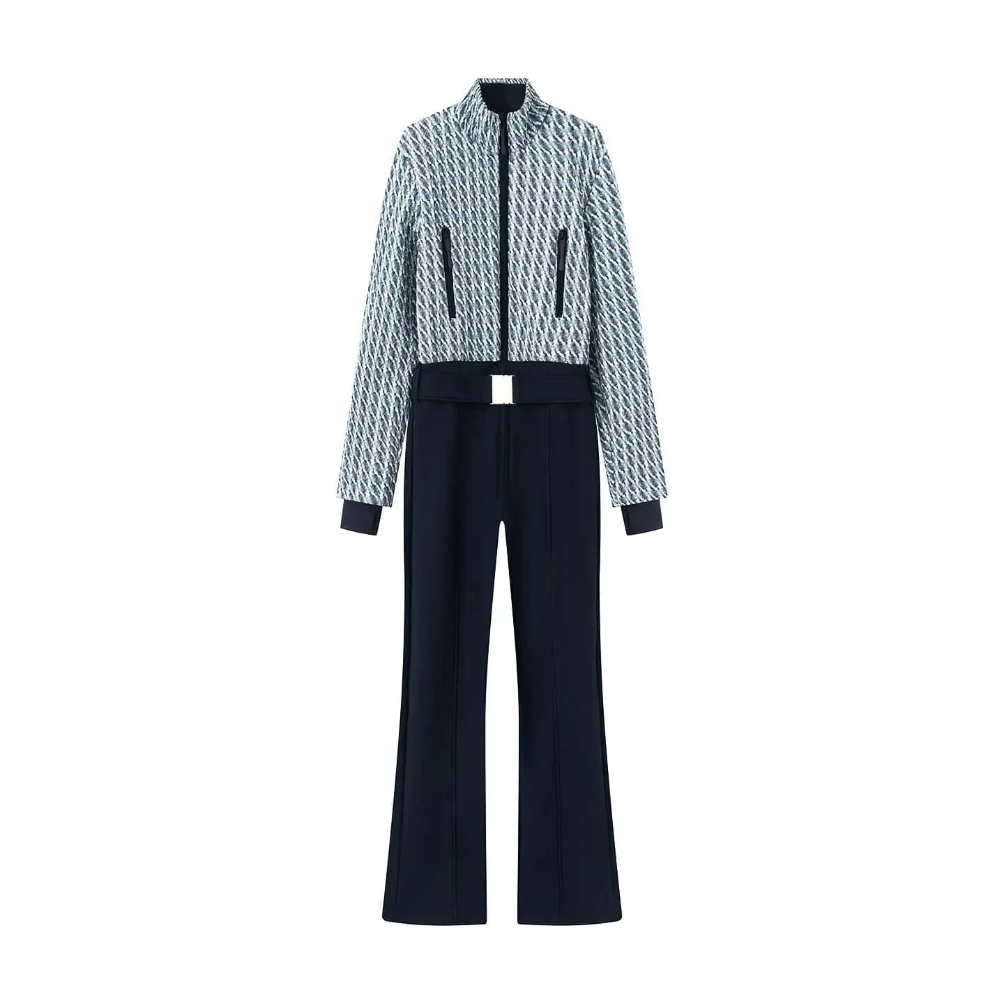 Tuta da Sci in Cotone Trapuntata Ricamata con Patchwork da Donna, Tuta con Zip e Cintura Larga, Collo Alto, Charm 9QL3