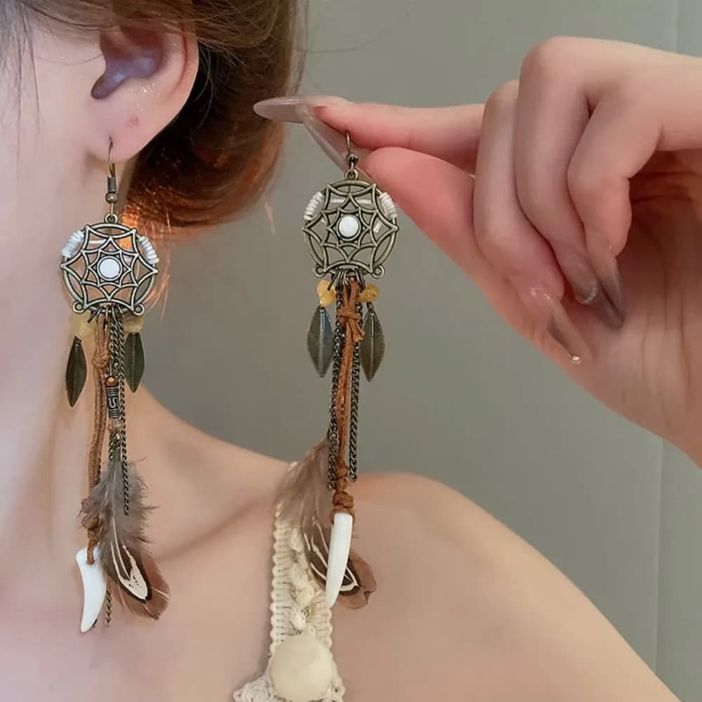 Ethnic Bohemian Style Dangling Drop Earrings Handmade Leaf Pendant Tassel Earrings Long Antique Dream Catcher Earrings For Women