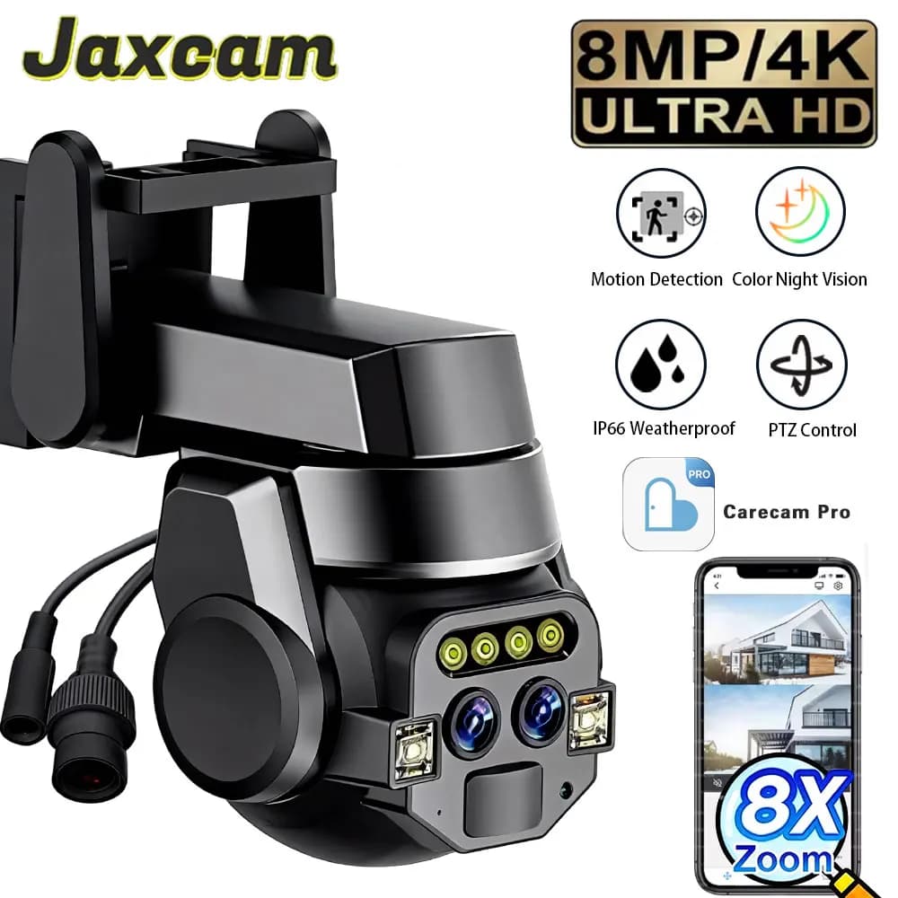 Telecamera Wi-Fi PTZ Carecam Pro con Zoom 10X, Doppia Lente e Doppio Schermo 4K, Rilevamento Umano HD 8MP, Tracciamento Automatico, Telecamera di Sorveglianza Esterna