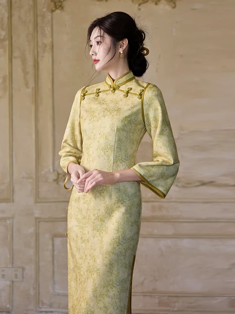 Green Long Sleeve Young Style Workwear Retro Chinese Daily National Vintage Autumn Winter Women's Long Qipao Dress