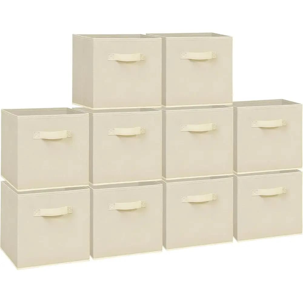 Confezione da 10 cubi portaoggetti in tessuto beige con maniglie, pieghevoli per casa e ufficio, ideali per armadi, scaffali, stanze
