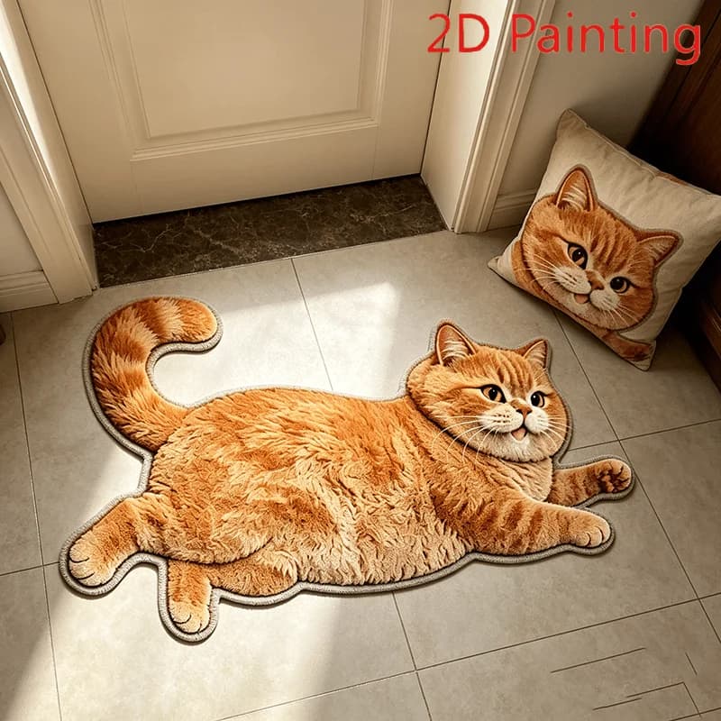 Cute Chubby Orange Cat Shaped Rug Cartoon Cat-shaped Bedroom Bedside Plush Floor Mat Creative Doormat for Entryway Soft Washable