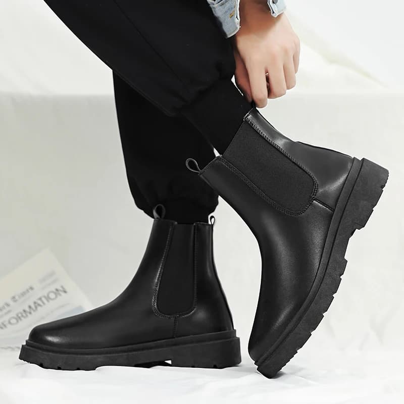Men'S High Top Autumn/Winter British Style Chelsea Boots Solid Color Fashion Soft Leather Functional Boots Retro No-Tie Boots