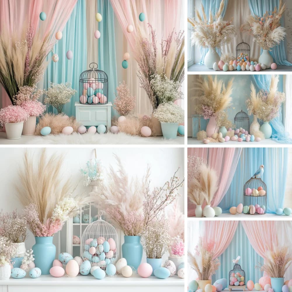 Primavera Felice Pasqua Sfondo fotografico Finestra Tenda bianca Gabbia Uova colorate Floreale Baby Shower Bambini Ritratto Sfondo
