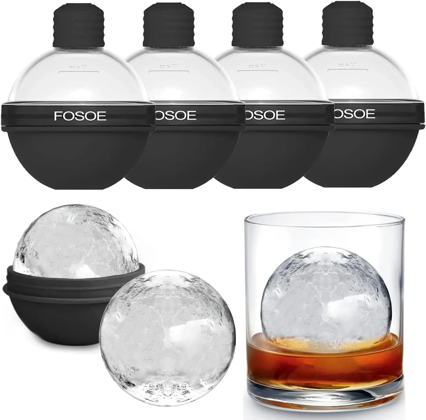 Set di 4 Stampi in Silicone per Sfere di Ghiaccio con Coperchi per Whisky e Cocktail - Grandi Sfere a Scioglimento Lento