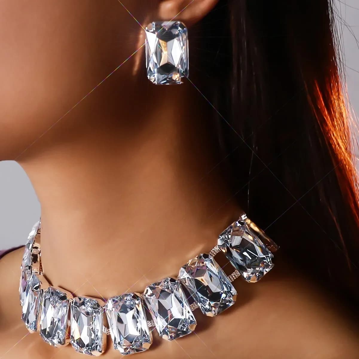 Oversize Square Rhinestone Choker Necklace Set Trend 2026 Large Crystal Stud Earrings Wedding Party Jewelry Set for Women Gift