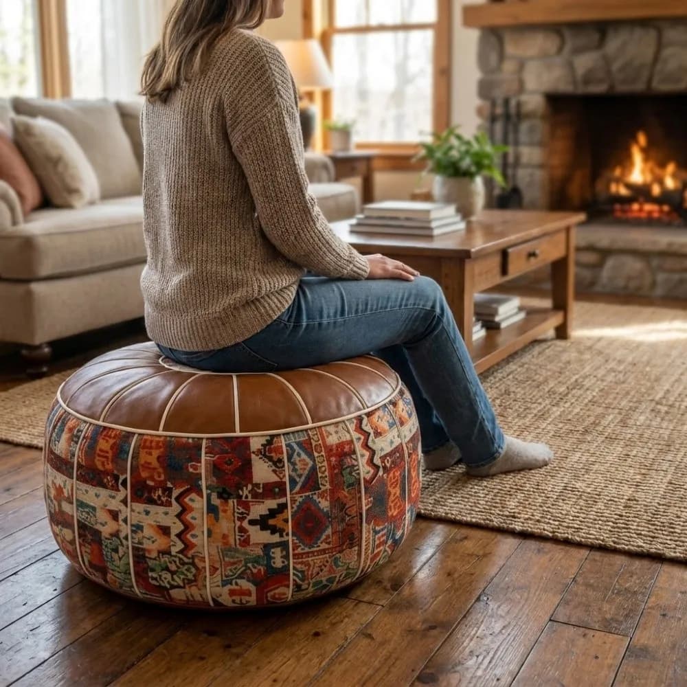 Leather Boho Seat Cushion Cover Unstuffed Embroider Craft Pumpkin Pouf Cover Large Capacity Waterproof Storage Bag