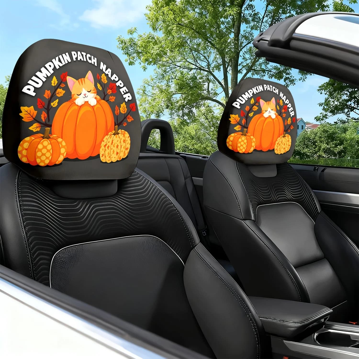 2 copri poggiatesta per auto con stampa a tema gattino e zucca, copri cuscino per sedile auto, copri poggiatesta e cuscino per il collo - Con un C