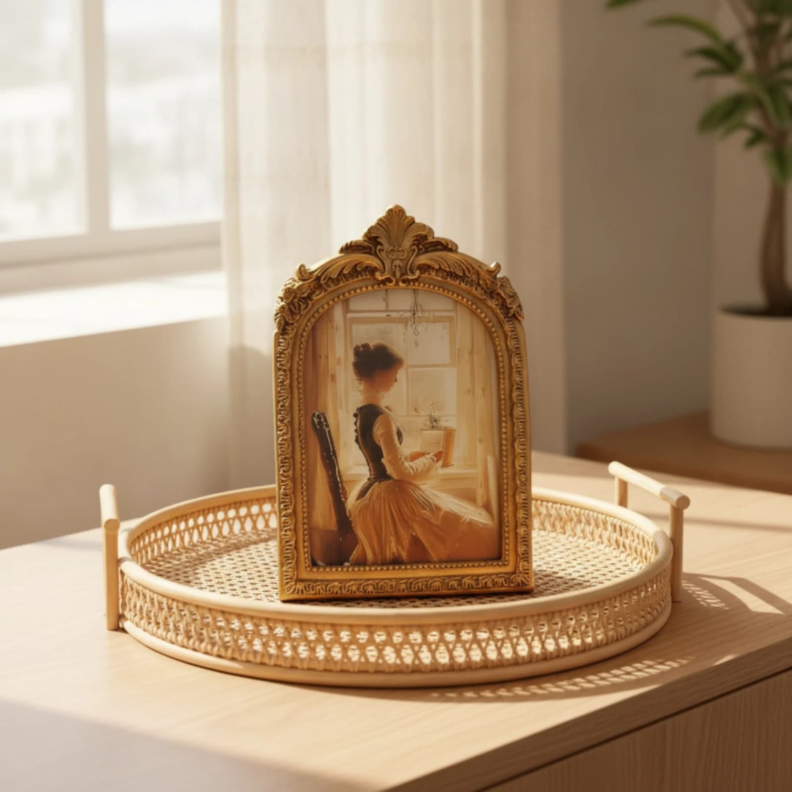 Arched Photo Frame Ornate Baroque Picture Frame Carved Embossed for Dresser, Bedside Table