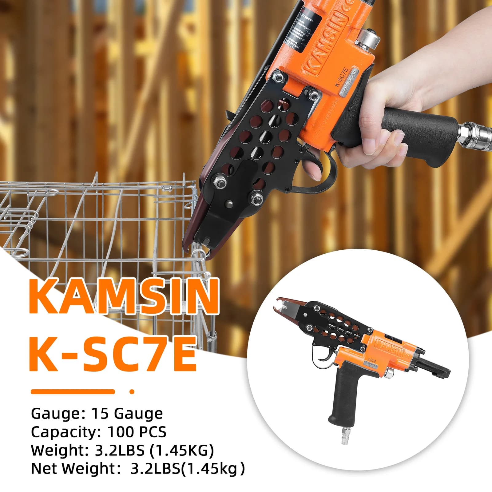 KAMSIN K-SC7E 15 Gauge 3/4 Long Nose Pneumatic Hog Ring Gun With One Pack Galva 1000pcs nail, 7-8mm Clamping Diameter