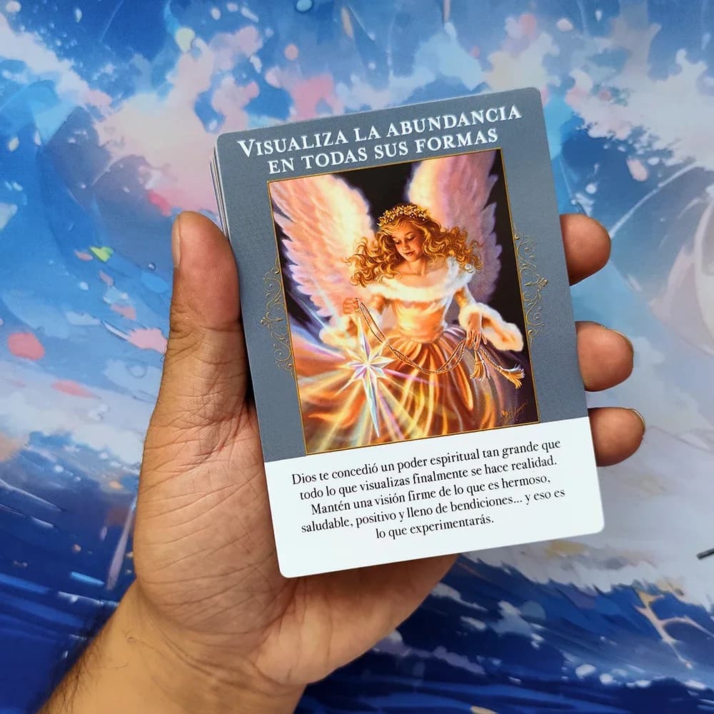 NUOVA versione spagnola 12x8,7 cm Angeli dell'abbondanza Carte Oracle Oracolo spagnolo con parole chiave Mazzo da 44 carte
