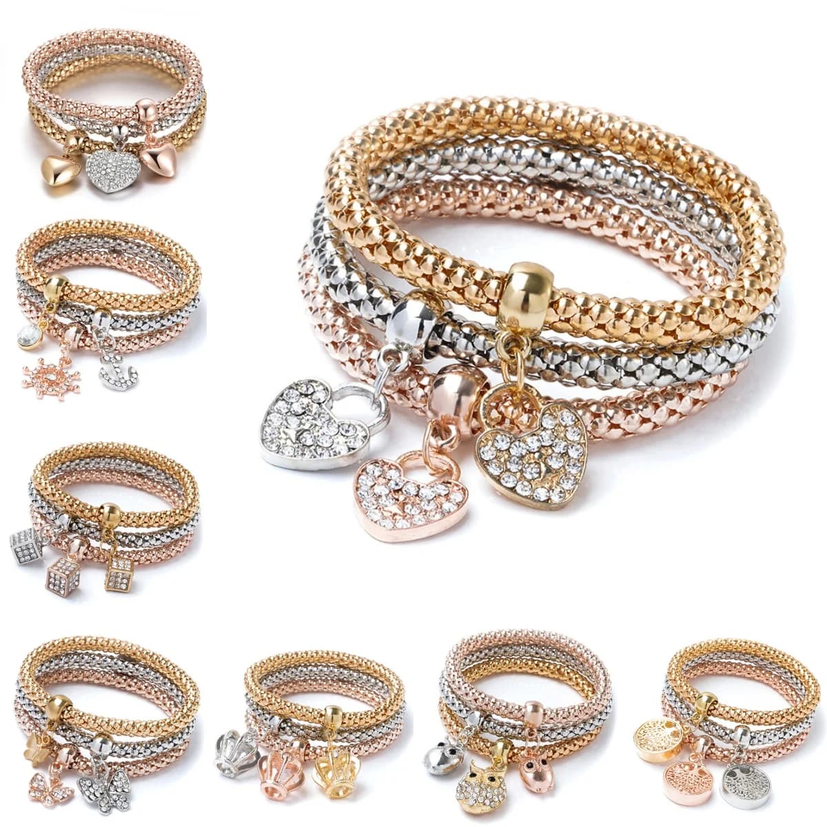 Bracelets Gold & Silver Plated with 3-Color Love Butterfly Crown & Boat Anchor Designs - Valentine's Day Jewelry Gift Set