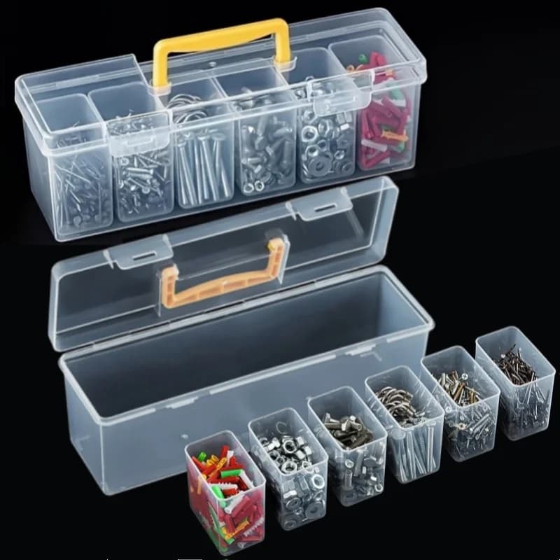 Set di 7 Scatole Portaoggetti Multifunzionali, Organizzatore Trasparente per Viti, Chiavi e Minuteria, Contenitore Multiuso per Oggetti Vari