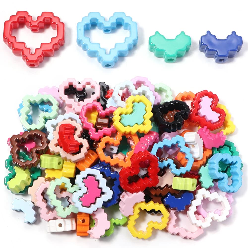10pcs Acrylic Solid Color Baking Paint Pixel Heart-shaped Frame Bead DIY Phone Chain Keychain Material Jewelry Accessories