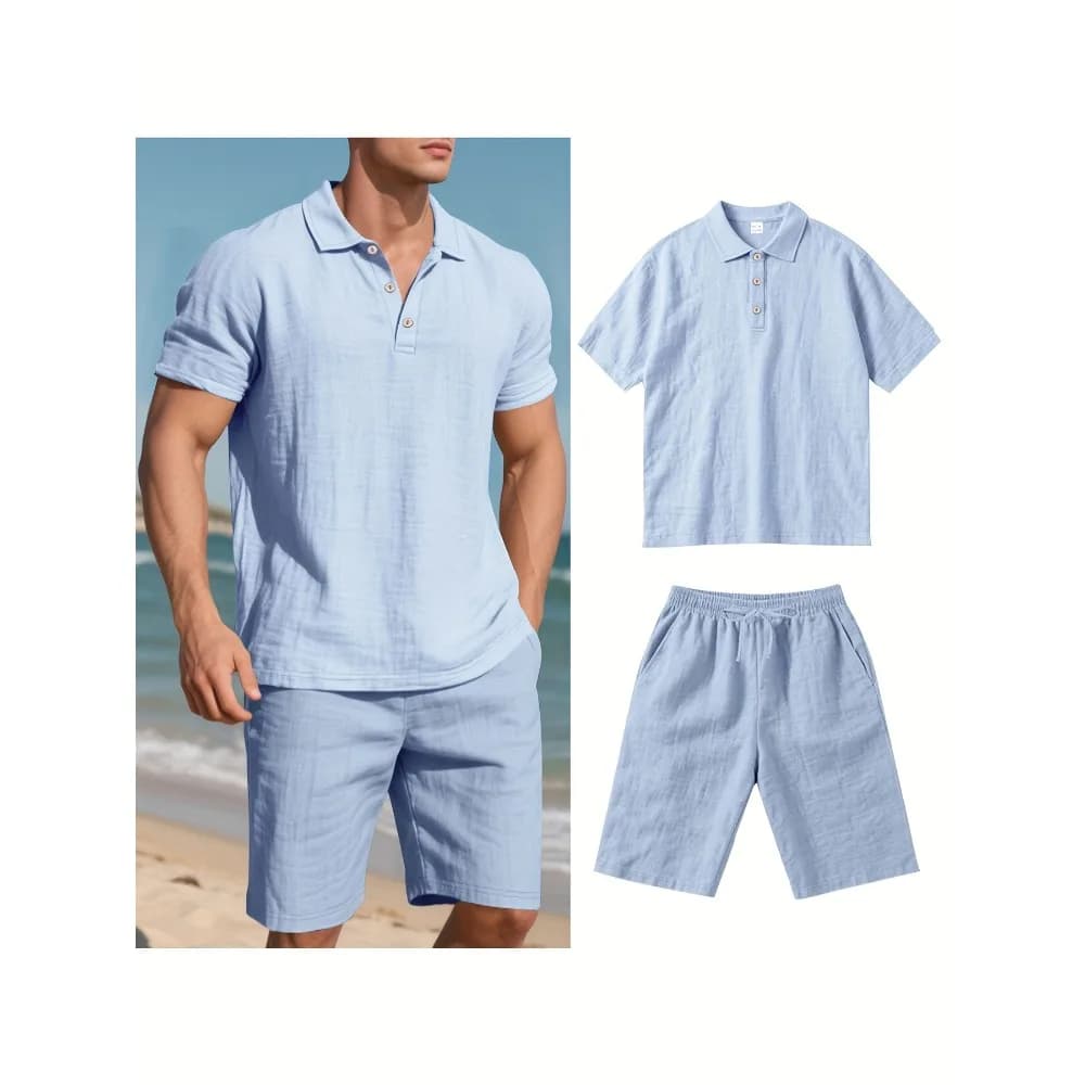 Abito estivo da uomo Moda Lino con risvolto Bottoni Set da 2 pezzi Polo a maniche corte + Pantaloncini Abbigliamento sportivo Abito da uomo da spiaggia