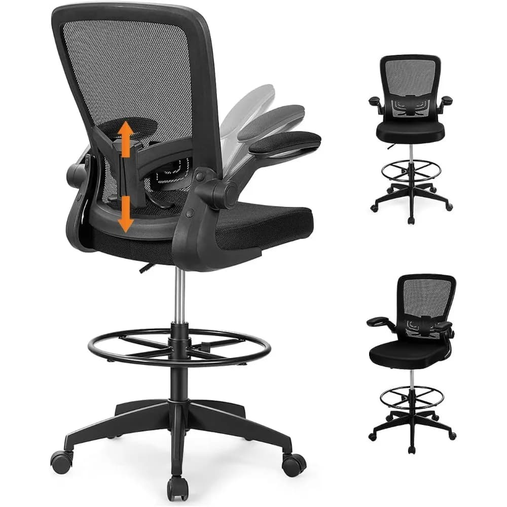 Sedia da disegno Sedie da ufficio con schienale alto con anello poggiapiedi Bracciolo ribaltabile Sedia da scrivania direzionale regolabile in altezza Rete ergonomica