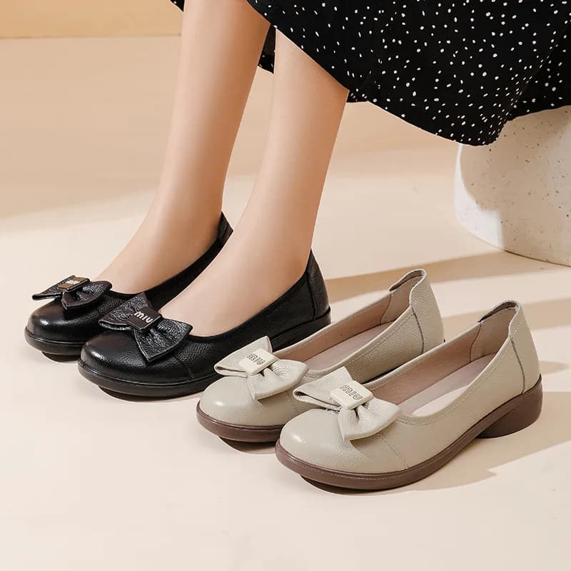 Scarpe da donna semplici Mary Jane Mocassini con cinturino in pelle Mocassini con tacco basso poco profondo Mocassini morbidi con fiocco Calzature comode da donna