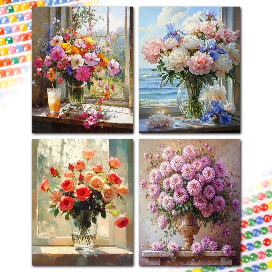 Kit Pittura Diamante 5D 2026 con Stampa, Decorazione Vaso di Fiori sul Davanzale, Punte Quadrate e Rotonde Complete, Punto Croce, Regali Stampati