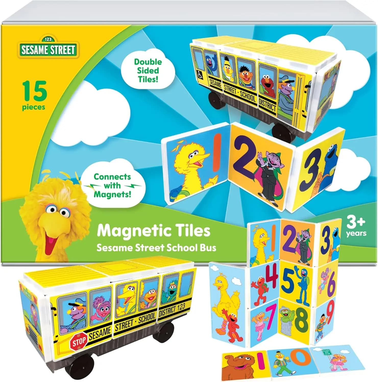 Set di 14 Piastrelle Magnetiche Sesame Street con Scuolabus, Giocattoli Educativi per Bambini dai 3 Anni in Su