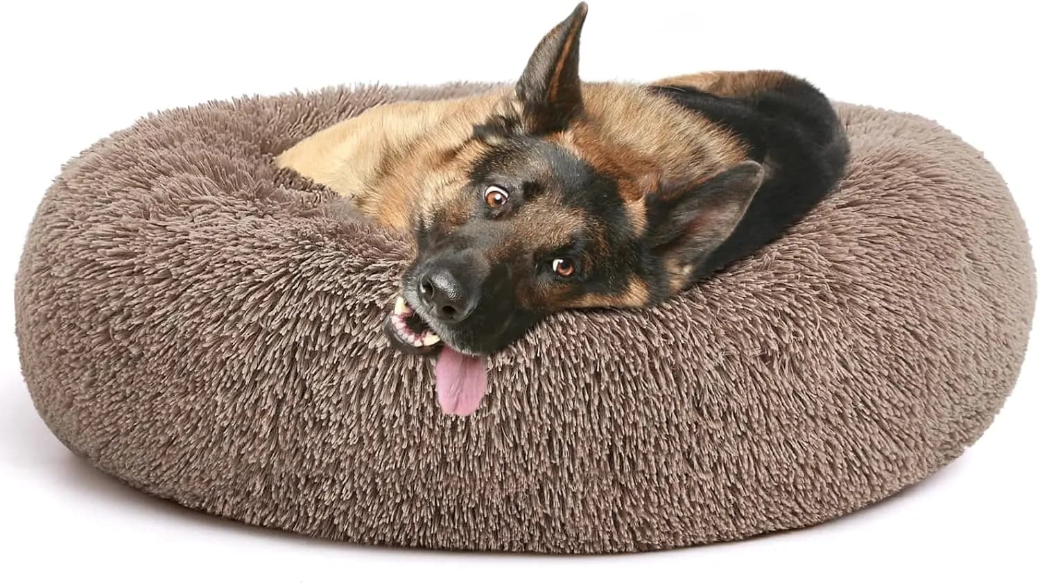 36 Inch Round Orthopedic Donut Dog Bed Ultra Soft Faux Fur Washable Non Slip Comfort Cuddler Cushion Bed for Dogs and Cats Indoor Use Brown