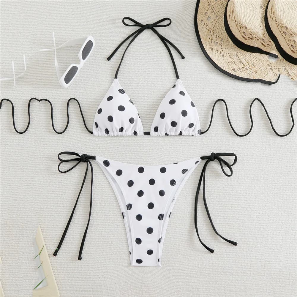 Costume da bagno sexy con stampa a pois, bikini micro a triangolo con laccetti e perizoma, set bikini da donna 2026