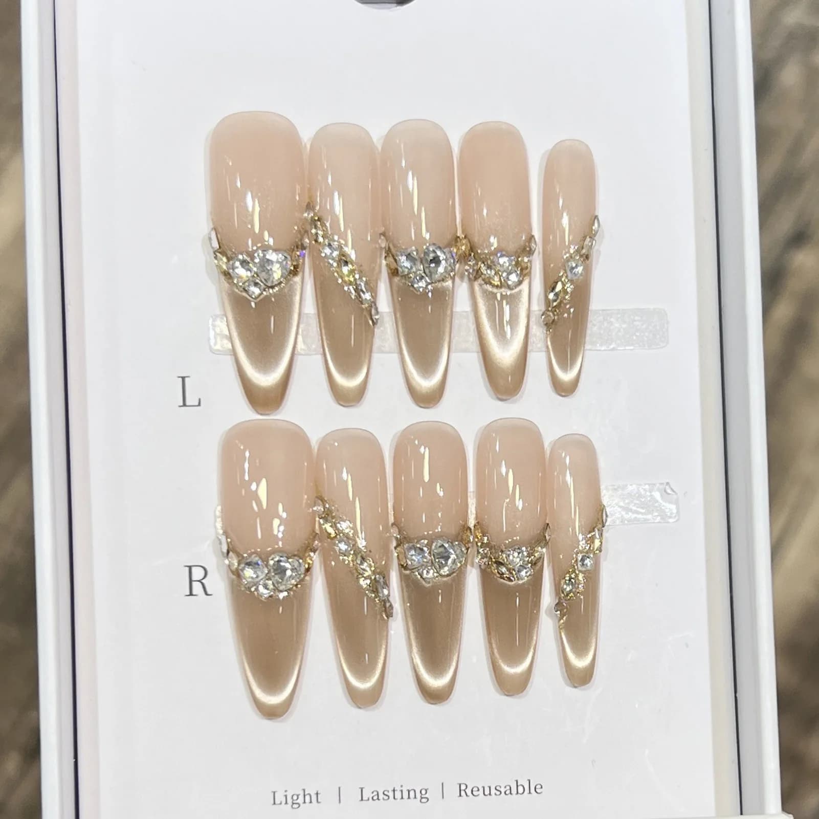 10 pieces of cat eyes french glass fake nails with rhinestones floral design elegant resin print on nails for wedding party