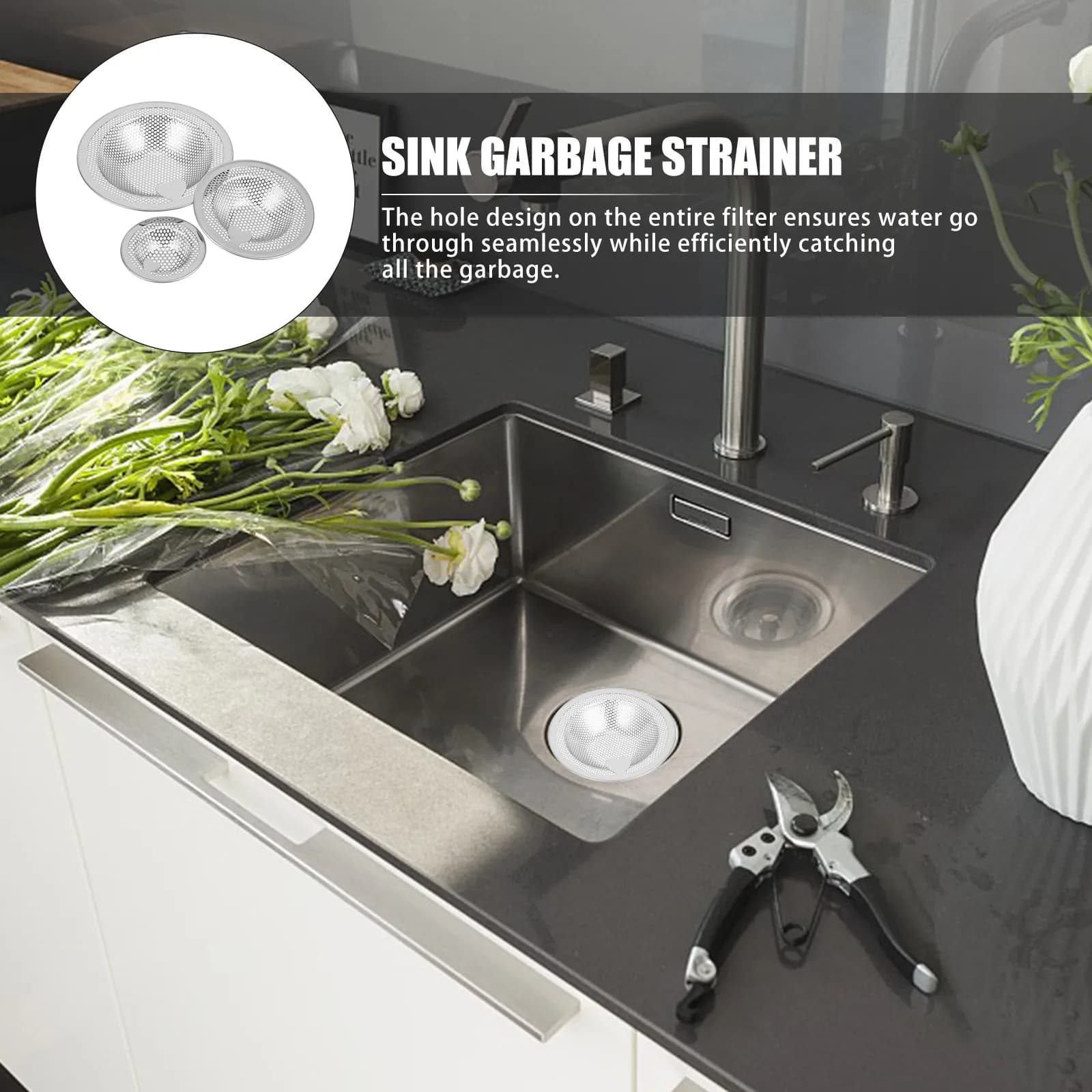 Set di 3 Filtri per Scarico in Acciaio Inox, Cestello per Lavello da Cucina con Manico a Cuore, Filtro Anti-Intasamento per Casa e Cucina