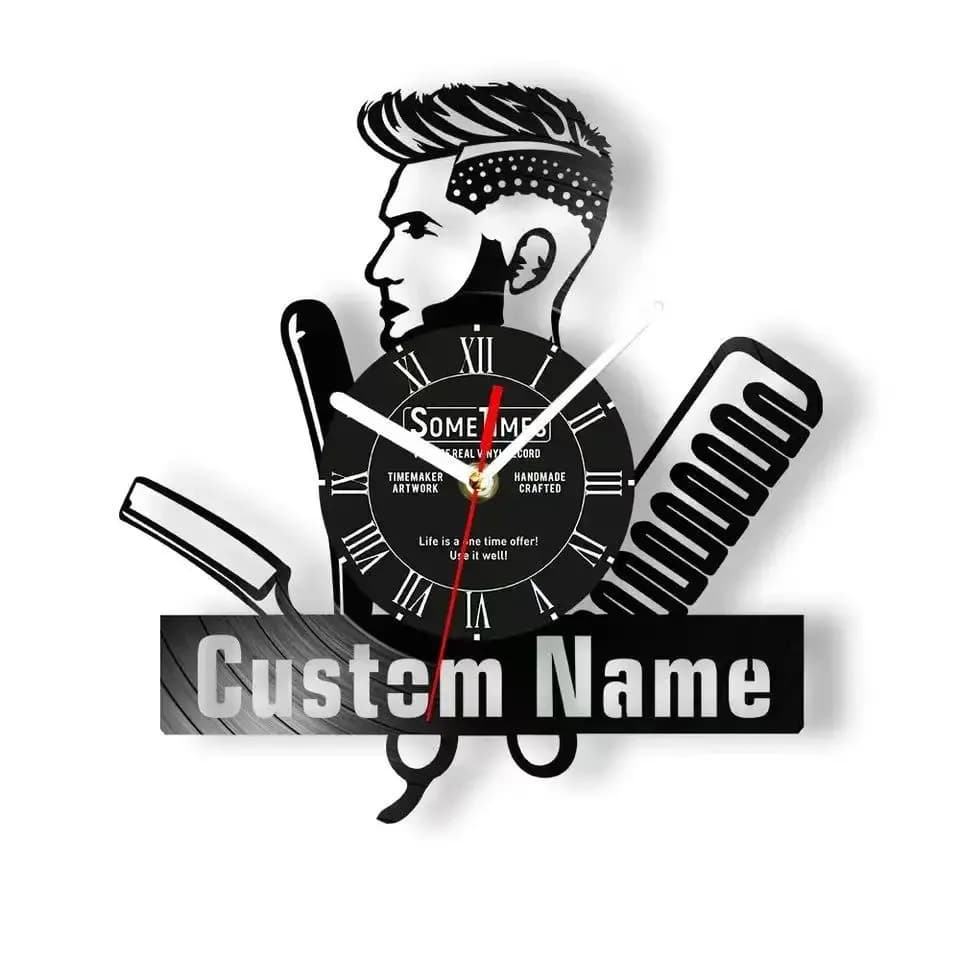 Custom Barber Name Logo Wall Clock with vinyl disc Decorating barber shop Wall clock with customizable men's hairdresser name