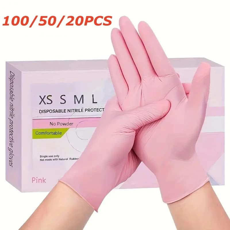 100/50/20PCS Guanti monouso in nitrile rosa Guanti per pulizia senza polvere e lattice Guanti per trucco per tintura per capelli per salone di bellezza per donne