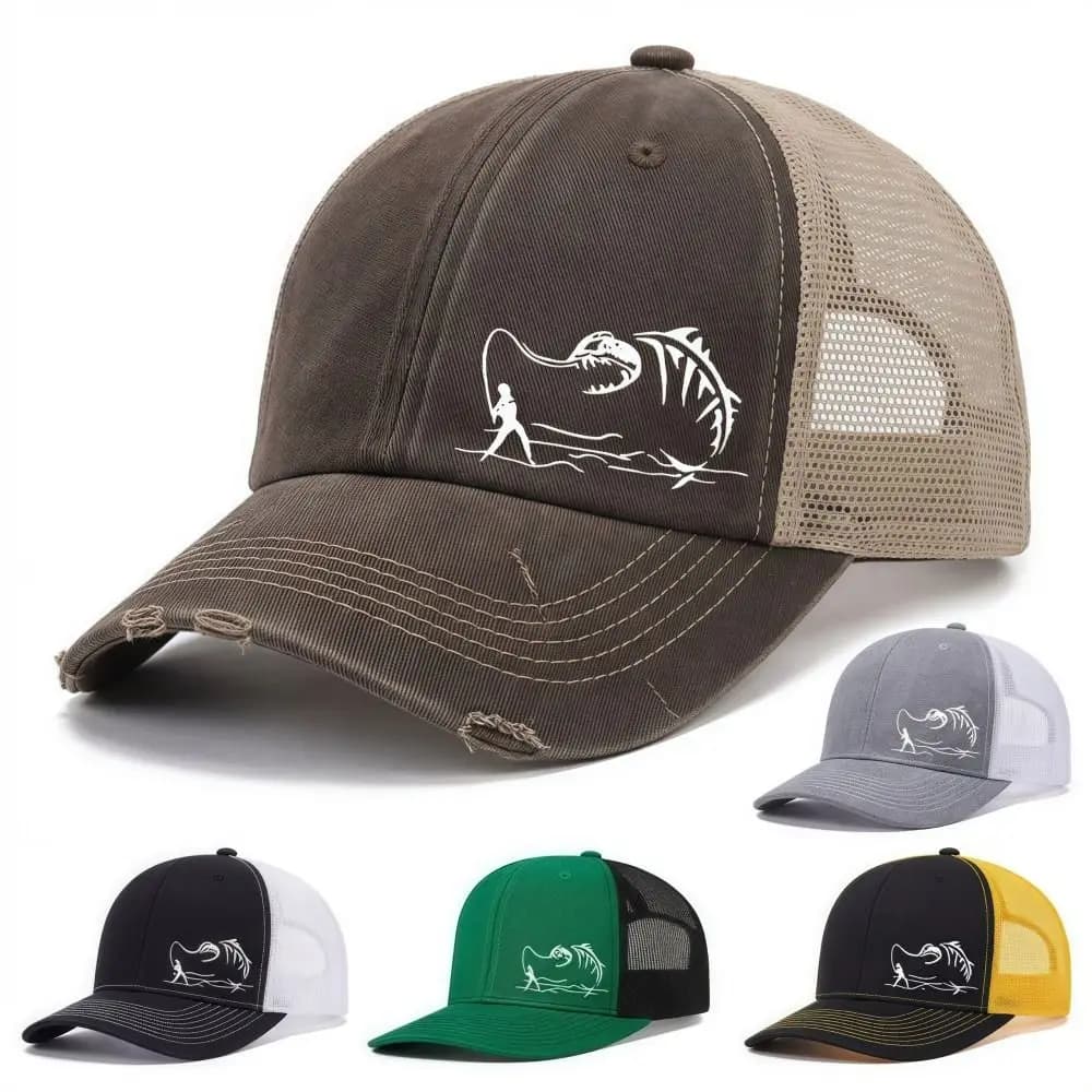 Fashion Fisherman Print Men's Baseball Cap Grid Breathable Trucker Hat Hip Hop Lightweight Duck Tongue Hat Spring Summer Outdoor