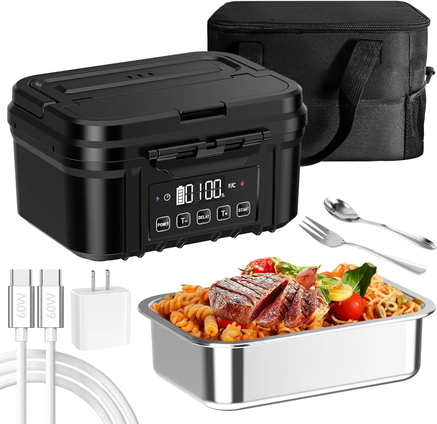 Portapranzo elettrico portatile con contenitore in acciaio inossidabile da 1,2 litri, timer e design a prova di perdite per viaggi di lavoro