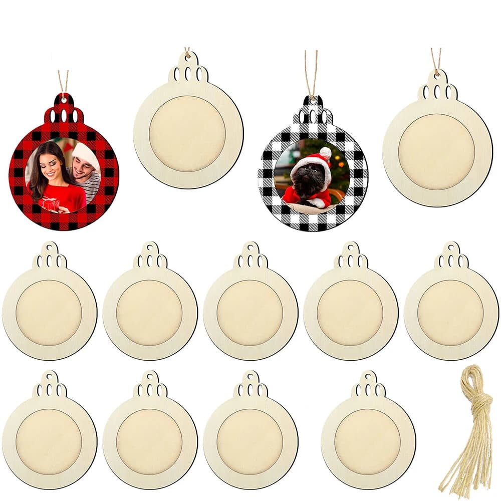 10 pcs Christmas frame ornaments unfinished wooden frame ornament for hanging photo painting set with Christmas balls for DIY