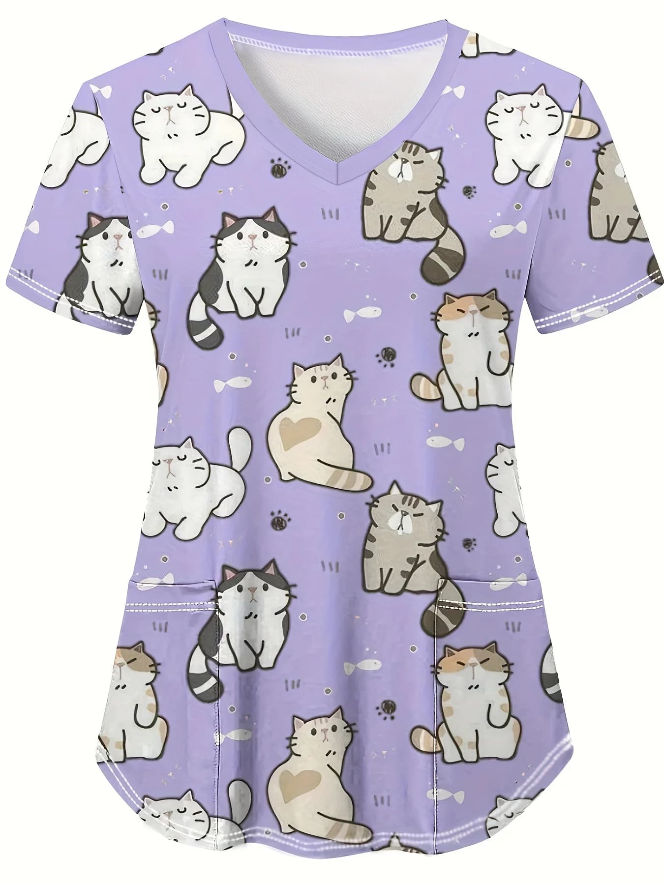 Medical Uniform for Women cute Cat Dog Print V-Neck Clinical Uniform Short Sleeve Patch Pocket Tops Surgical Women's Uniforms