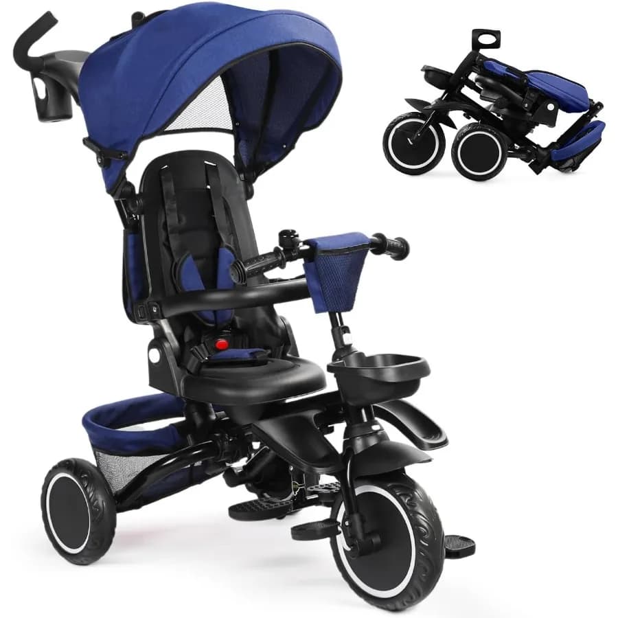 Folding Tricycle 8 in 1 Baby Trike W/Removable and Adjustable Canopy Parent Handle 5-Piont Safety Harness Toddler Bike Stroller