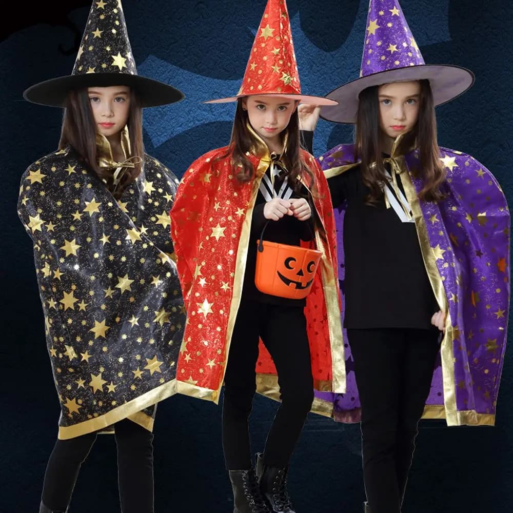 With Wizard Hat Unisex Witch Caps For Boys Children Cosplay Costumes Halloween Cloak Sets Scary Costumes Performance Clothes