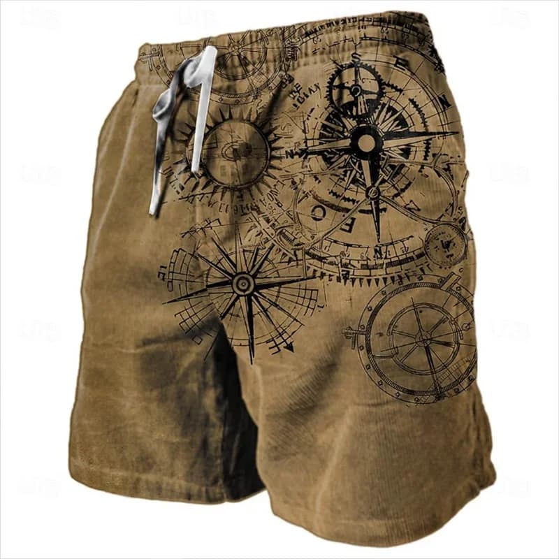 Pantaloncini da spiaggia da uomo con stampa 3D con motivo bussola vintage, pantaloni da surf di grandi dimensioni, costume da bagno