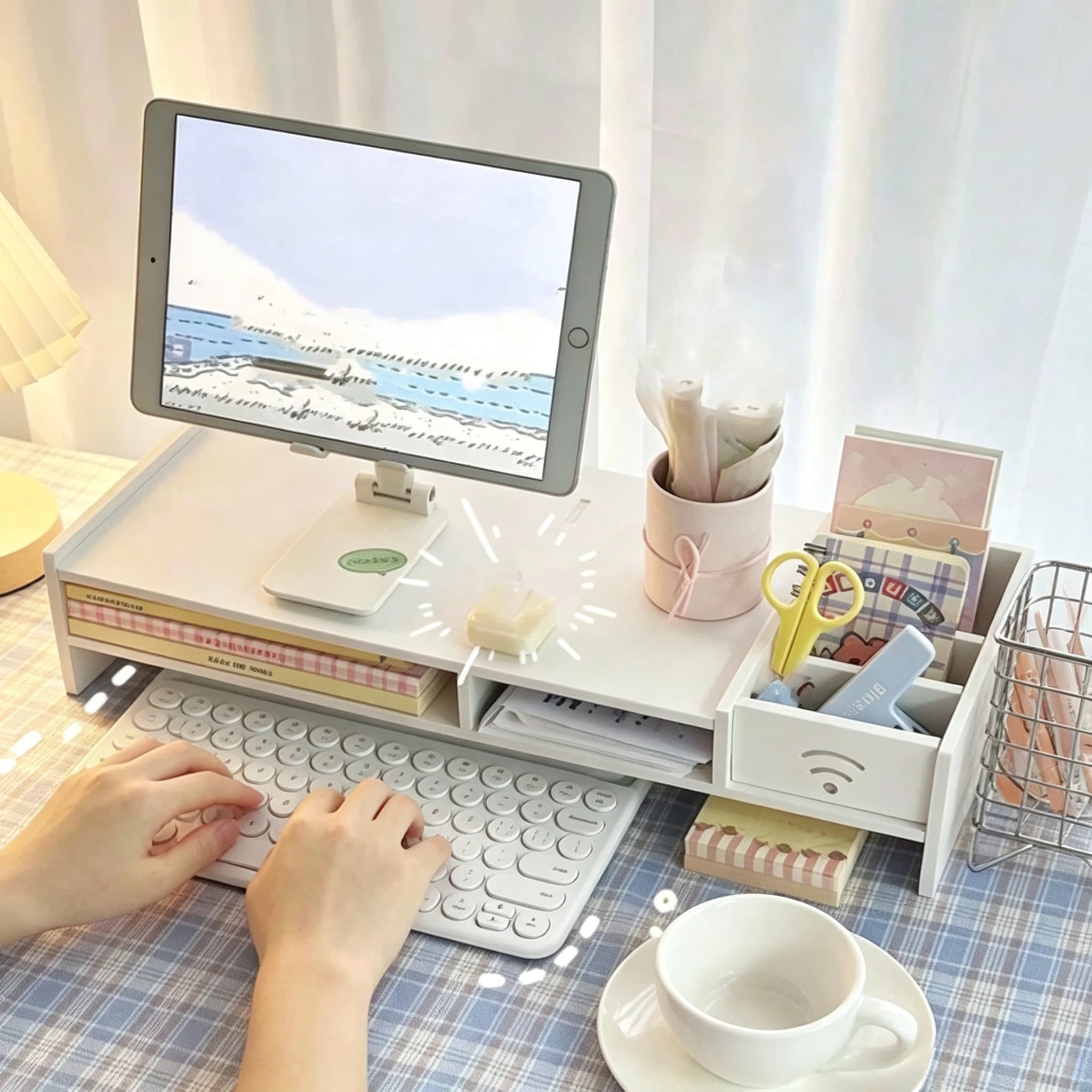 Monitor Riser Stand with Drawer, Multi-Functional Desktop Organizer Shelf, Laptop Notebook Holder for Office Desk, Home, White/Wood