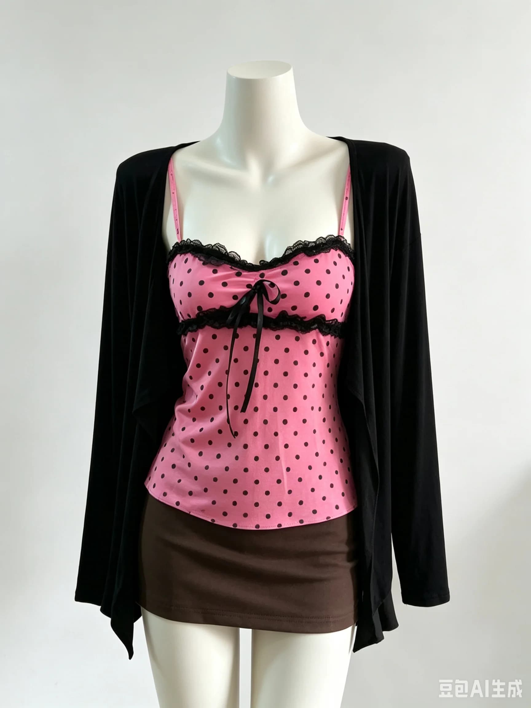 Japanese Sexy Sweet Vintage Polka Dot Tops Set Women Casual Fashion Loose Long Sleeve Cardigan Spice Lace Bow Slim Strap Tops