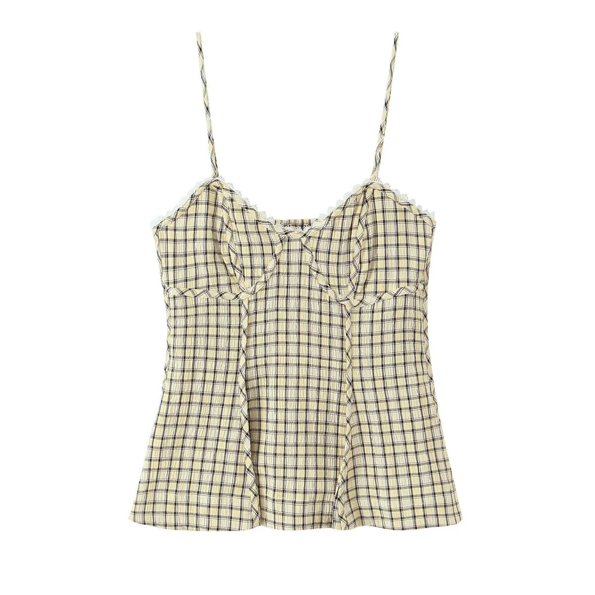 Women's Casual Fashion Plaid Dress With Straps Women Plaid Print Lace Trim Cami Top Strap V Neck Casual Summer Tank Top V79S