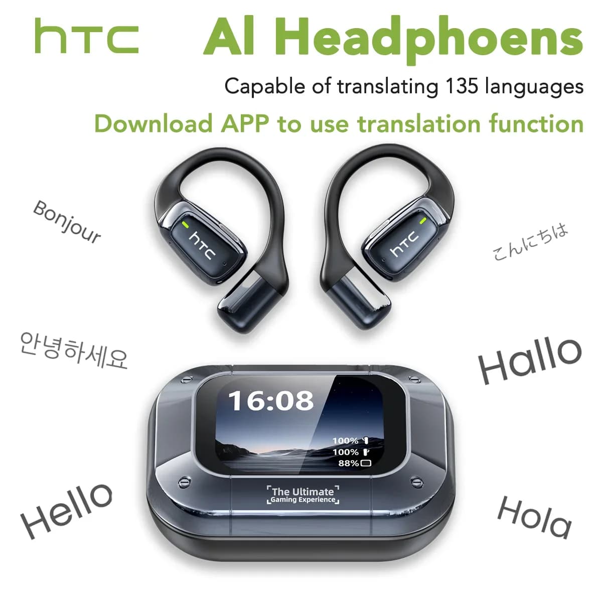 HTC NE25 Bluetooth Earphones AI Translator Earbuds LCD Touch Screen OWS Sport Wireless Headphones Long Life with Mic