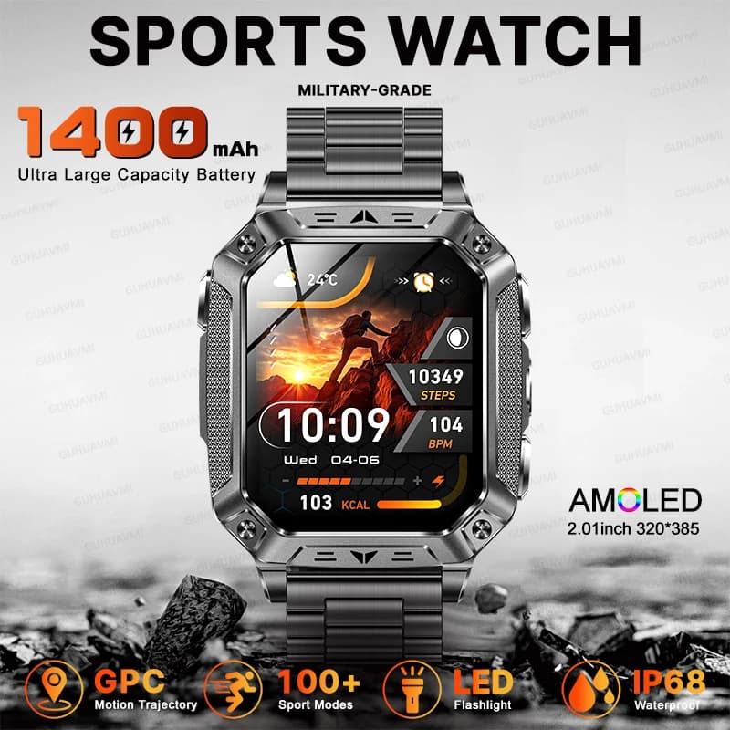 TANK New Military Smartwatch with 1400mAh Battery, GPS, Navigation Trajectory, 2.01" AMOLED Display, IP68 Waterproof, LED Flashlight, Men's Sport Watch