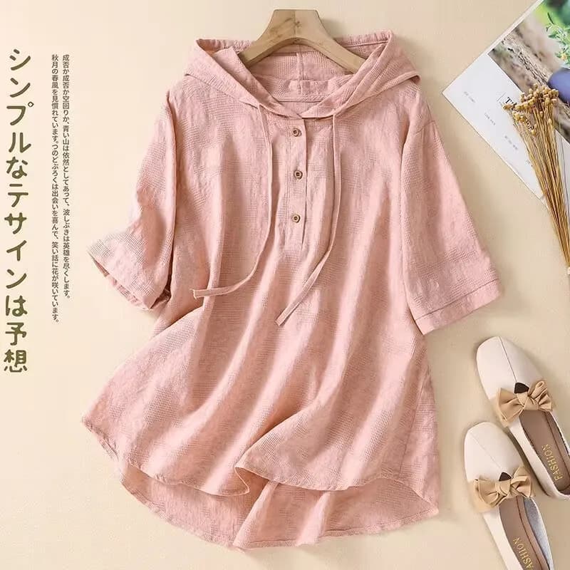 T-shirt da donna in cotone e lino con cappuccio jacquard estiva