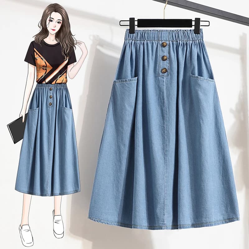 Gonna di jeans Donna Estate Casual Plus Size Copertura dell'anca Midi Pieghettato Alla moda Coreano Sle Pendolarismo Vita alta A-Line