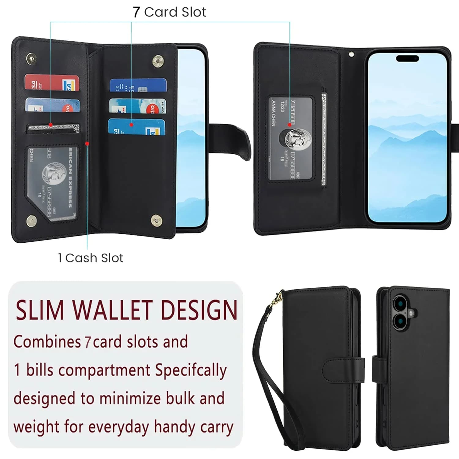 Custodia con 7 slot per schede per iPhone 16 Pro Max 16 Plus, custodia a portafoglio con blocco RFID con porta carte, cover per telefono in pelle PU con vibrazione magnetica
