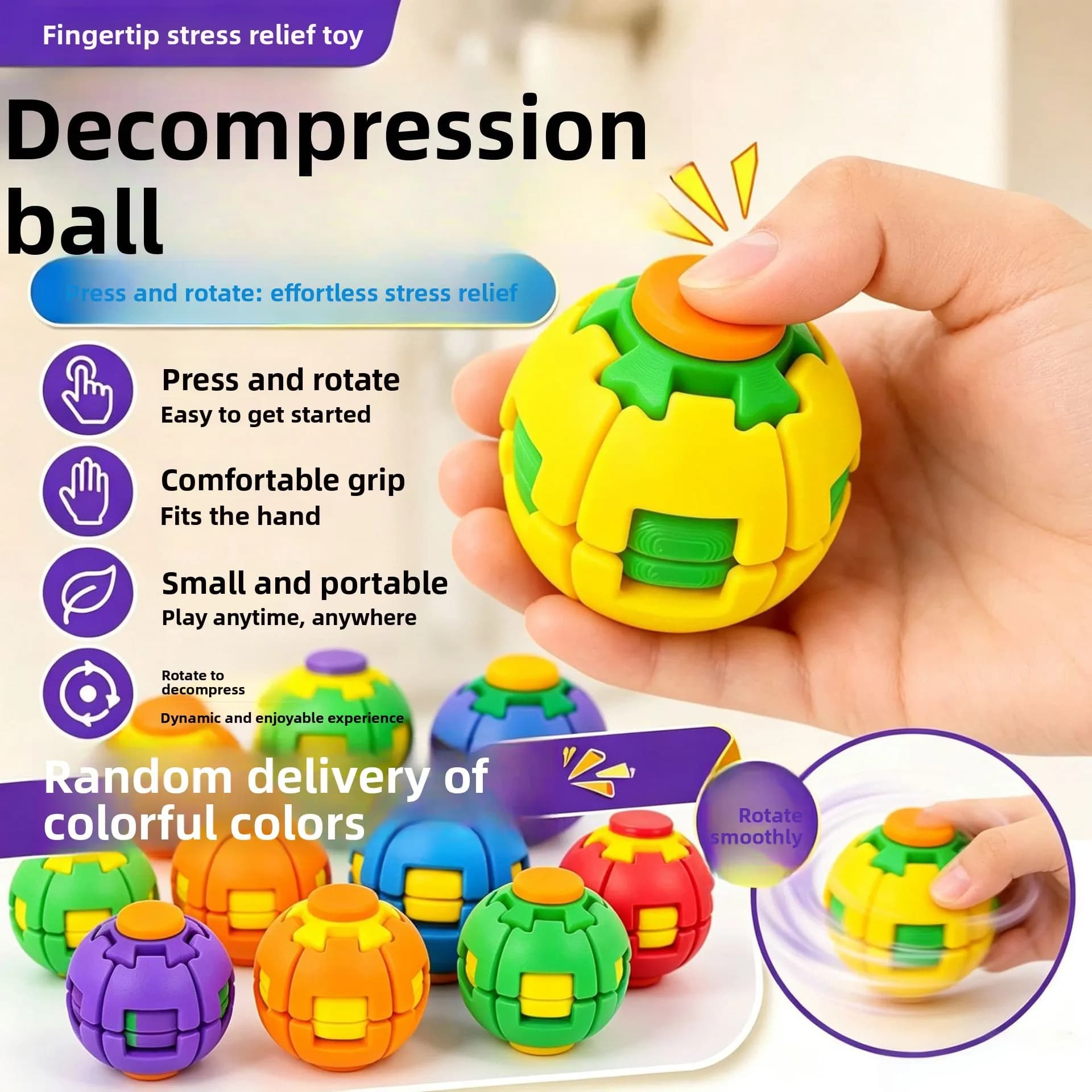 Fidget Toy Ball, Press & Rotate Dual‑Mode Fidget Spinner, Portable Stress‑Relief Toy for Office & Daily Use