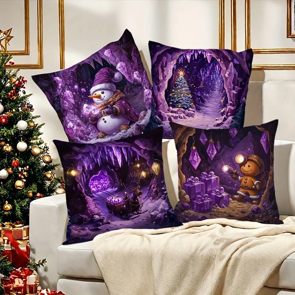 Purple Amethyst Geode Christmas Double Sided Print Throw Pillow Case Cushion Cover 4 Piece Set for Home Sofa