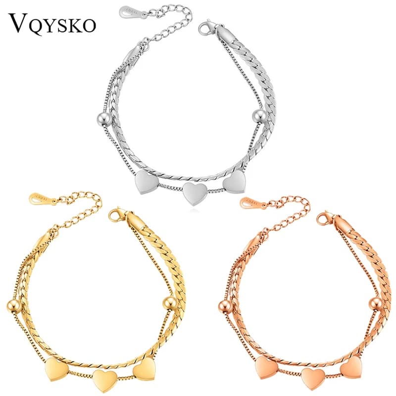 VQYAKO bracciale a cuore in acciaio inossidabile con doppia catena a serpente piatto per regalo di gioielli con ciondoli per feste da uomo e da donna
