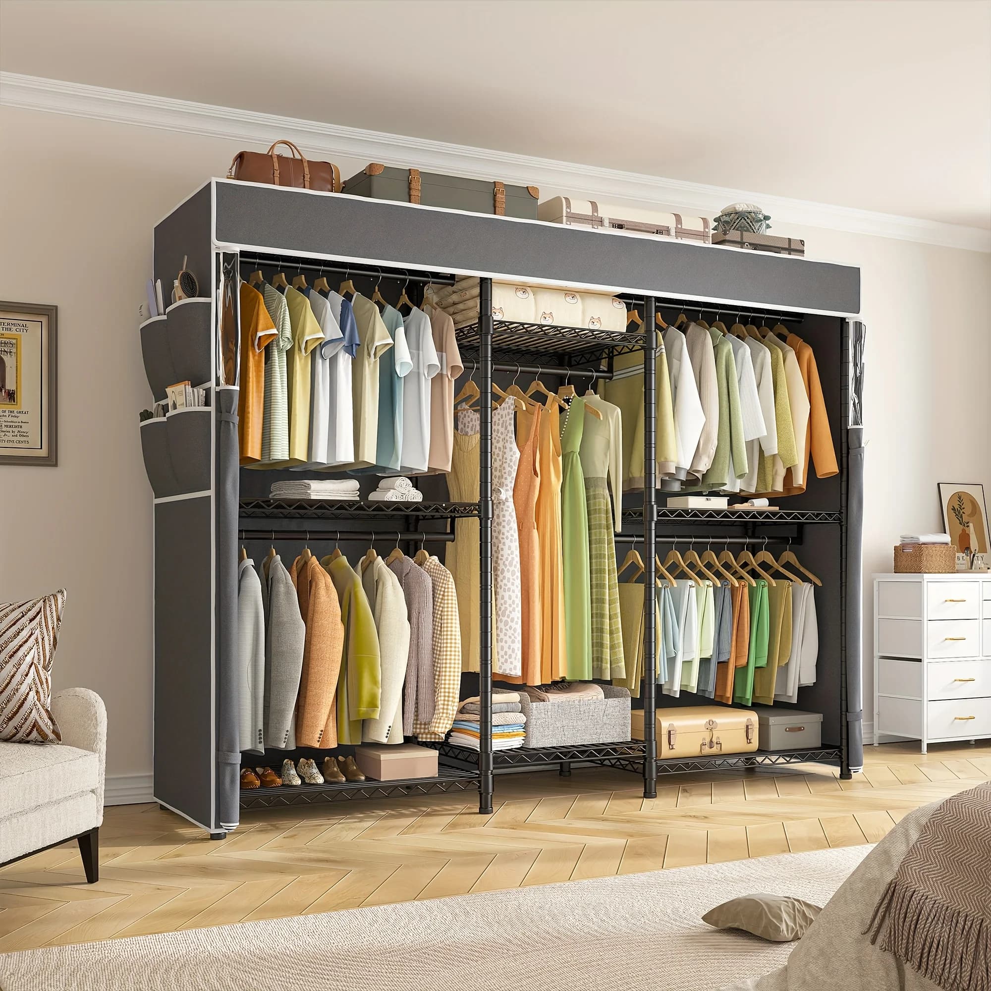Armadio organizer per vestiti Raybee per carichi pesanti, dotato di ripiani indipendenti e scaffali per riporre vestiti, utilizzato per appendere o impilare vestiti, borse per scarpe, sciarpe, cappelli, ecc., rinforzato e in grado di sostenere fino a 900 libbre.