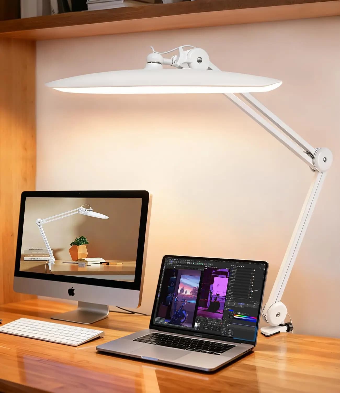 Adjustable LED Desk Lamp with Clamp, Protective Eye Light for Home and Office, Flexible Arm for Double Monitor, Continuous Dimming